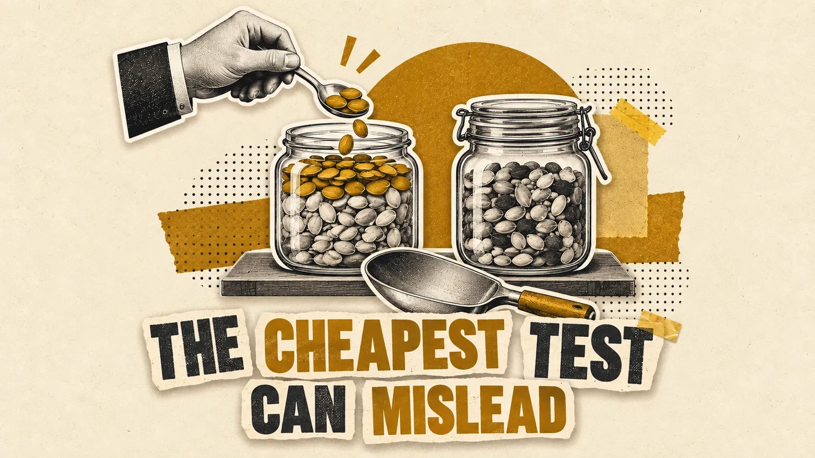 A small spoon skims the easiest seeds from one jar beside an untouched control jar and a larger test scoop. Headline: The cheapest test can mislead