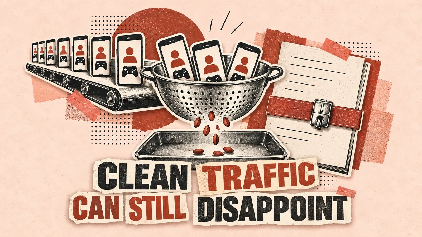 Game tokens pass a clean filter but leave an empty revenue tray beside a contract, exposing quality risk beyond device fraud. Headline: Clean traffic can still disappoint