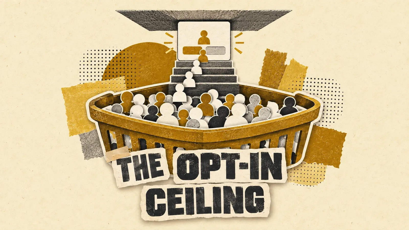 A consent card reaches a low ceiling above a much larger basket of unattributed player tokens. Headline: The opt-in ceiling