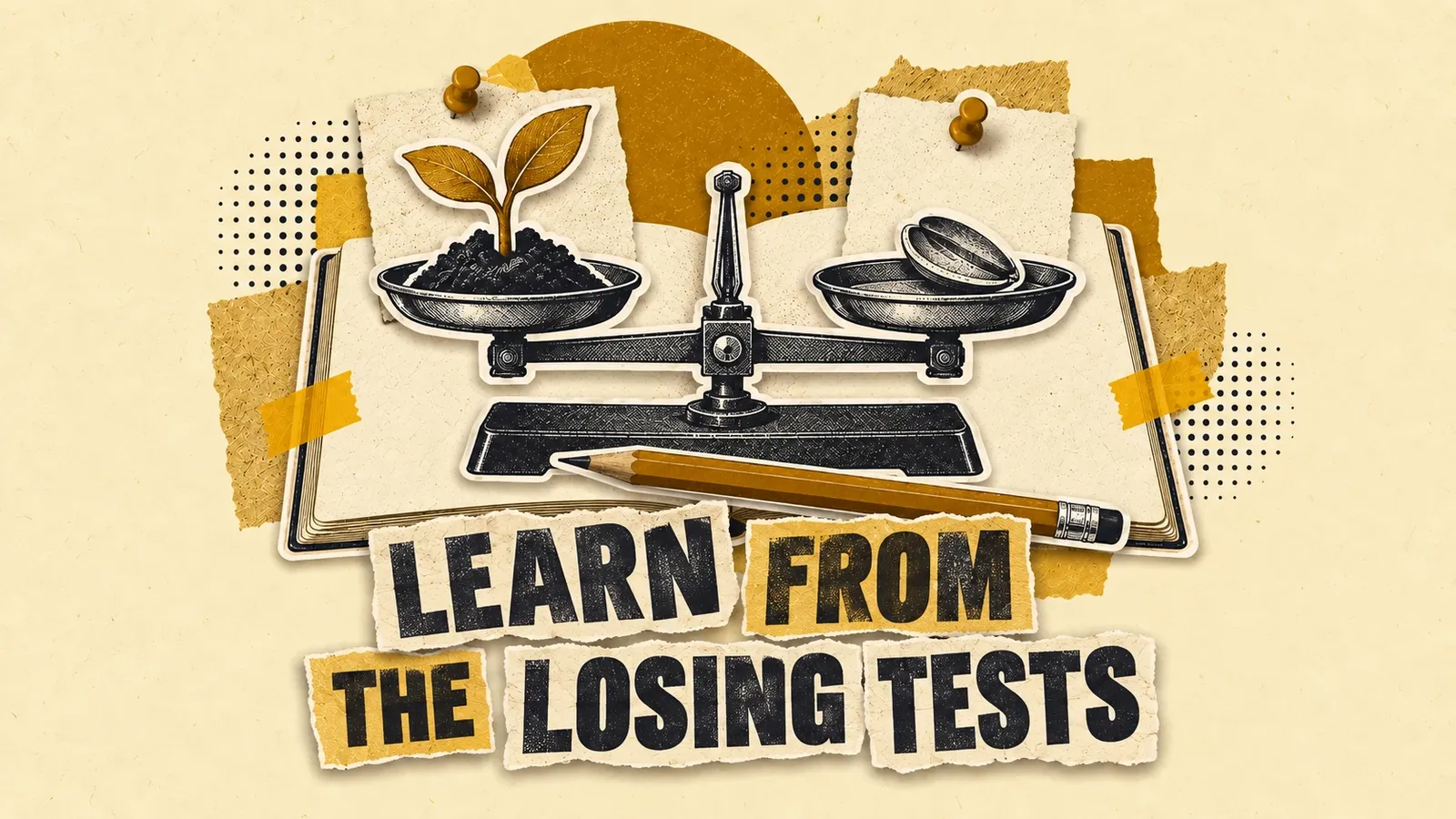 A notebook preserves a successful seedling and a failed seed husk with equal care, representing documented experimental learning. Headline: Learn from the losing tests