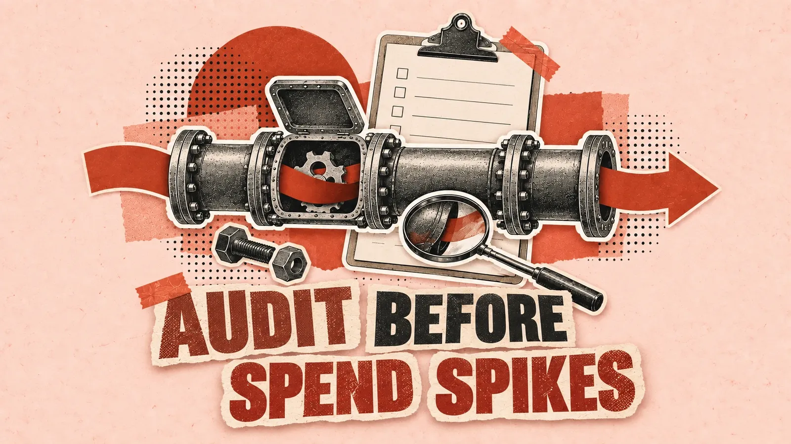 An opened measurement pipeline is inspected beside a clipboard before a higher flow passes through it. Headline: Audit before spend spikes