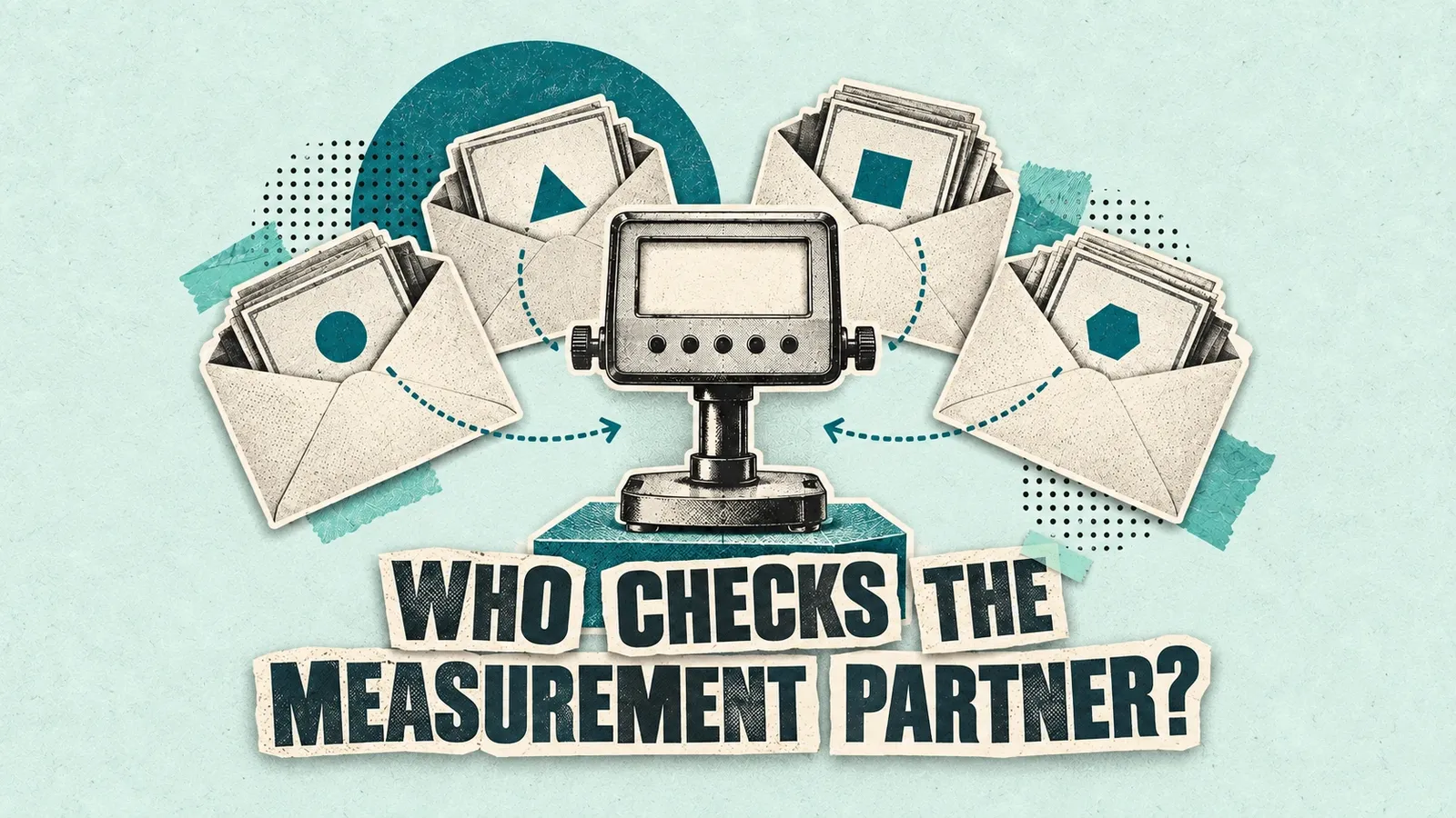A neutral measurement instrument is calibrated against a studio reference block while investment envelopes sit behind it. Headline: Who checks the measurement partner?
