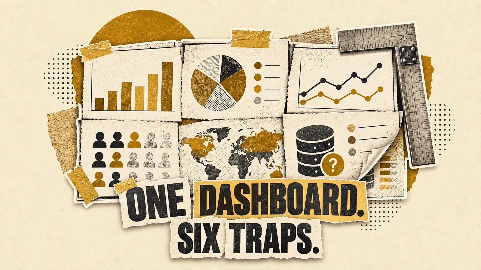 A seemingly unified dashboard is revealed as six misaligned, overlapping pieces checked with a carpenter’s square. Headline: One dashboard. Six traps.