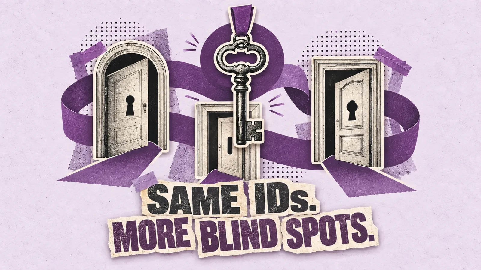 An intact device-identity key fits fewer surrounding doors while a shared green ribbon links every entry path. Headline: Same IDs. More blind spots.
