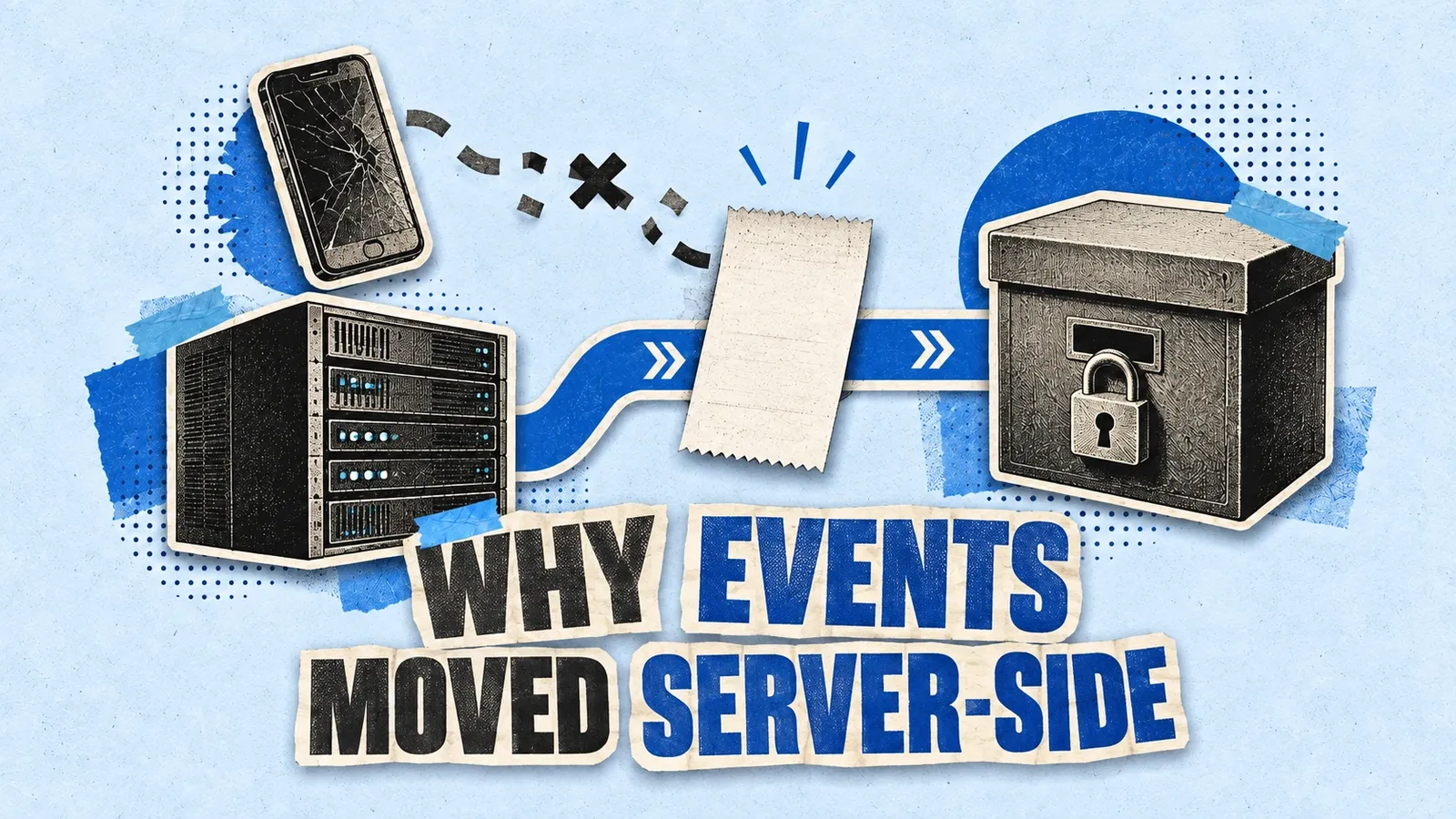 A purchase receipt follows a reliable server conduit while a fragile device-origin thread is interrupted. Headline: Why events moved server-side