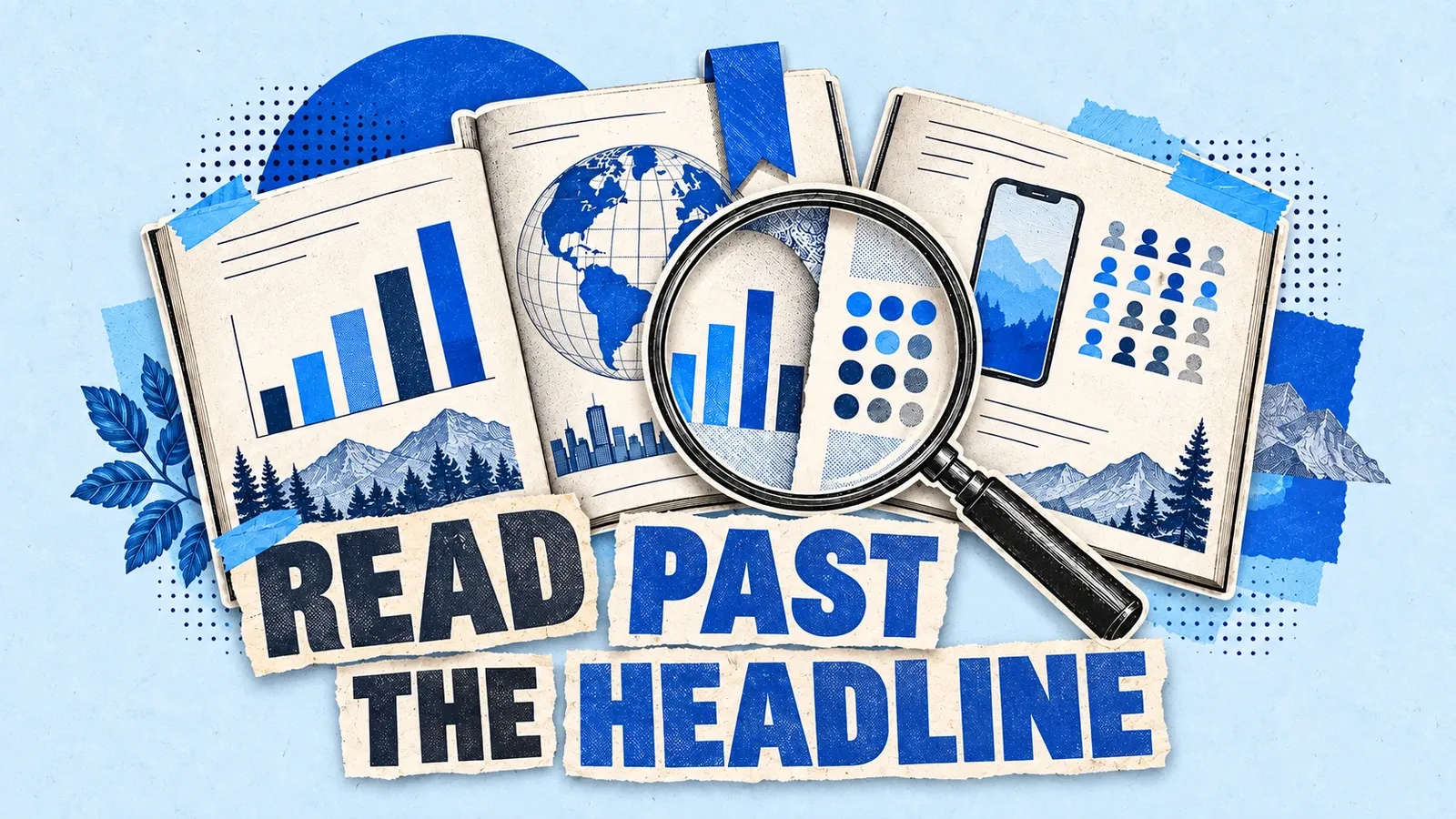 Paper reports showing different market and cohort patterns, compared through a magnifying glass. Headline: Read past the headline