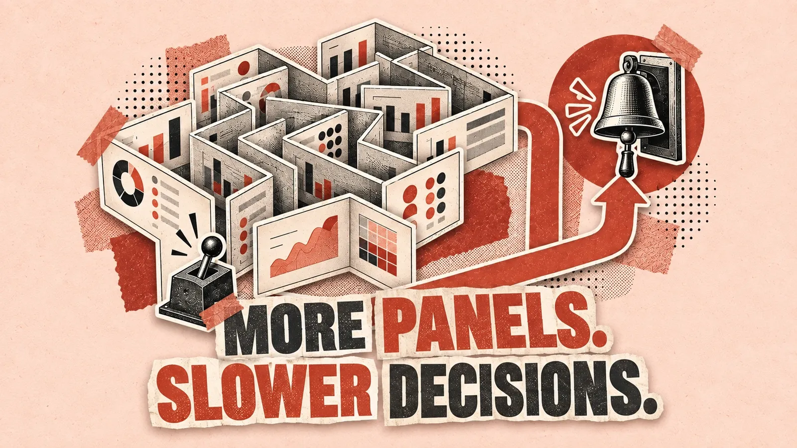 A sprawling dashboard maze traps a decision lever while a clear path leads directly to an actionable alert bell. Headline: More panels. Slower decisions.