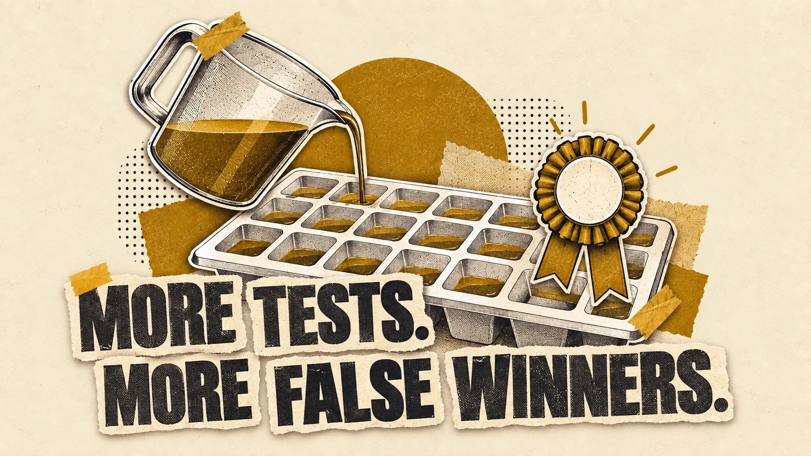 A fixed amount of test budget is spread across too many tray compartments while a nearly empty one receives a prize ribbon. Headline: More tests. More false winners.