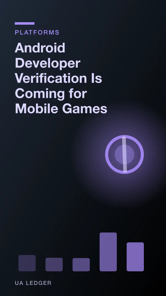Abstract editorial illustration of a verification checkmark over an Android app grid