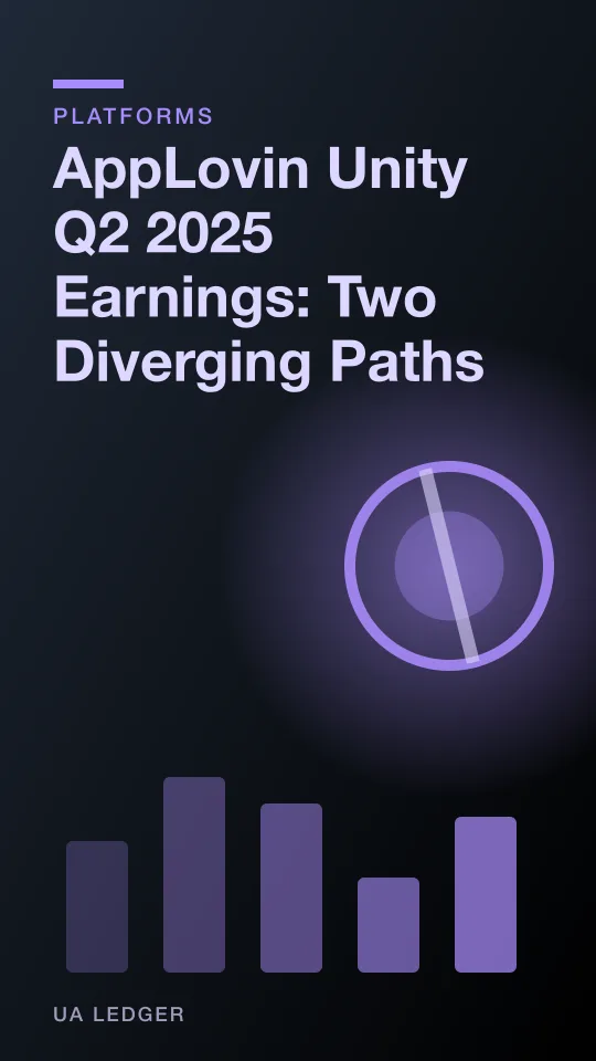Abstract editorial illustration of two diverging line charts crossing an ad icon