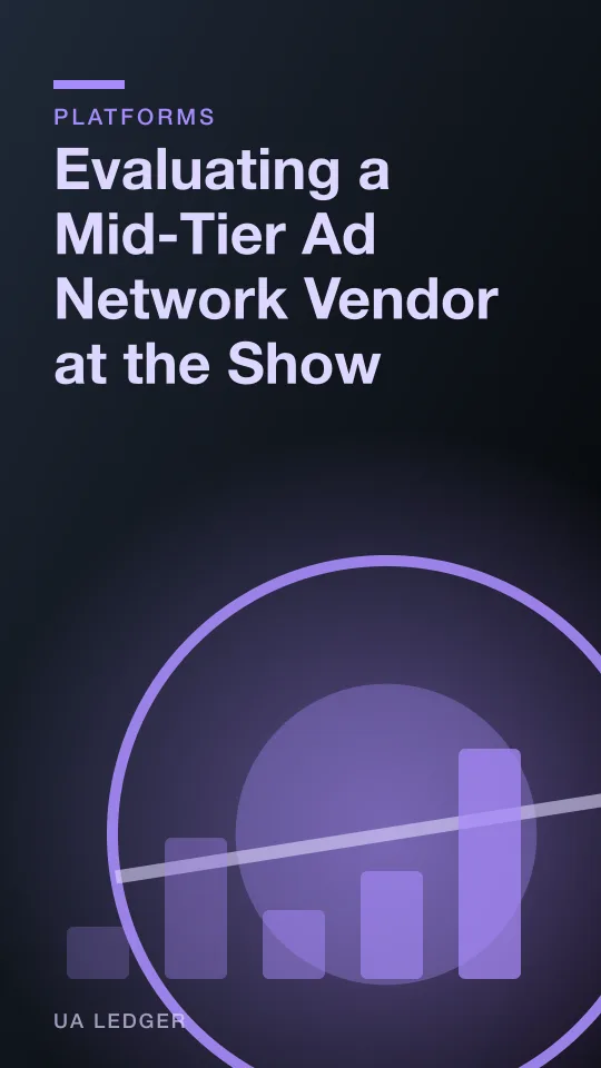 An abstract editorial illustration of a trade show booth row with one stand highlighted by a magnifying glass