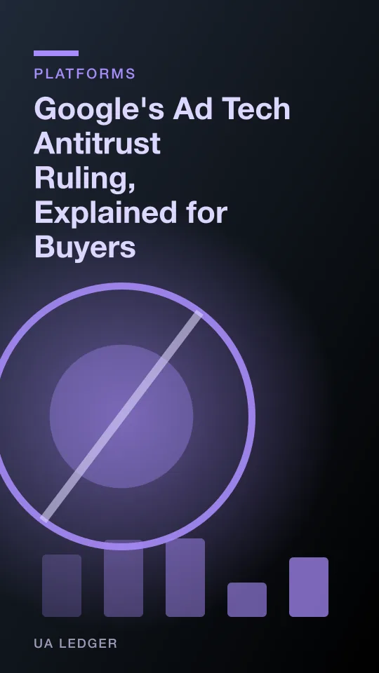 Abstract editorial illustration of a gavel resting on layered ad exchange blocks
