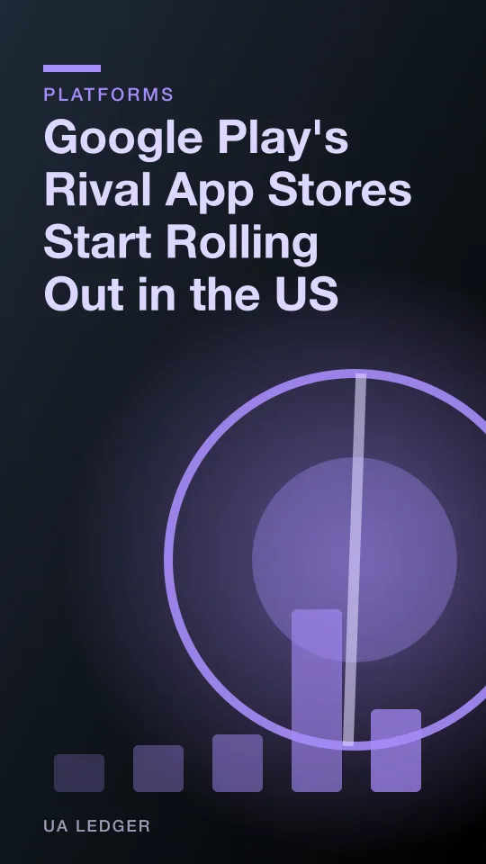 Abstract illustration of several storefront icons opening onto a single Android grid