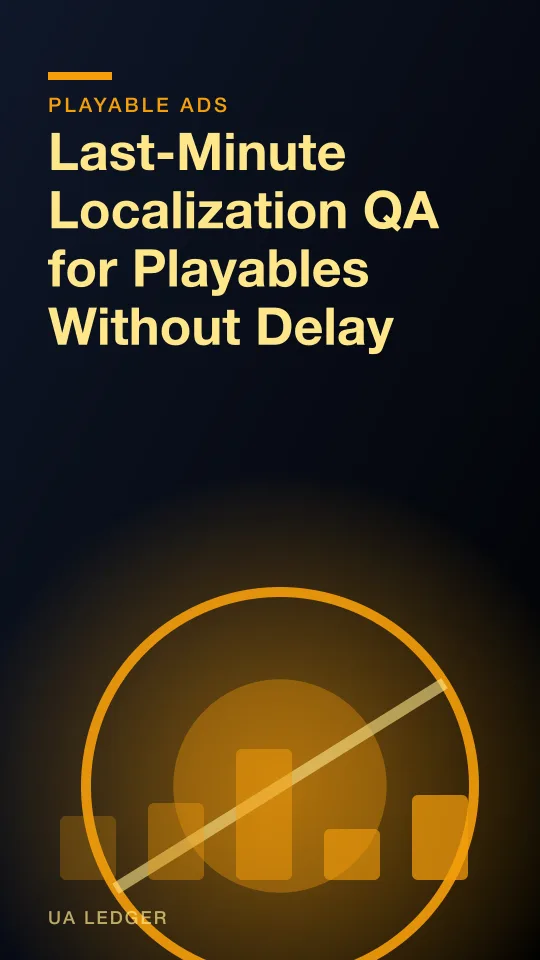 Abstract editorial illustration of a playable ad interface split into multiple language panels