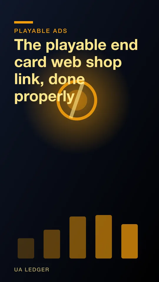 Abstract illustration of two divergent arrows leading out of a mobile game end card