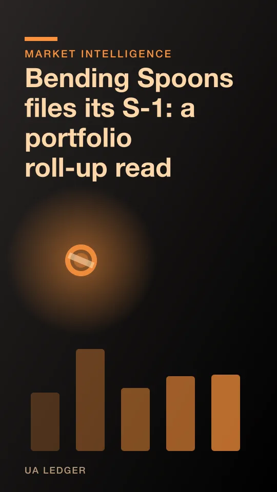A stack of overlapping app icons forming a rising bar chart, flat editorial style