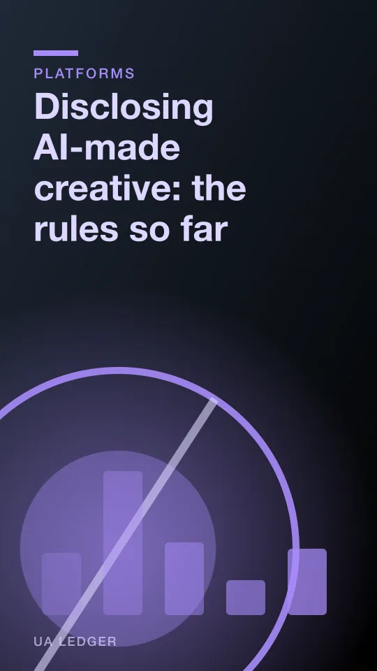A video ad frame half rendered in wireframe and half in finished art, with a small label icon