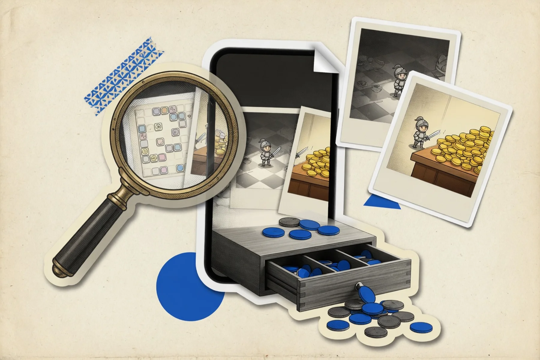 A grid of app store screenshot variants under a magnifying glass icon