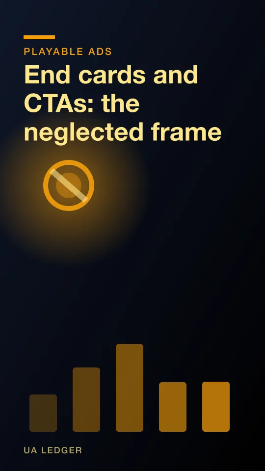 A playable ad end card frame with a call-to-action button and store badges, shown mid-transition to a store listing