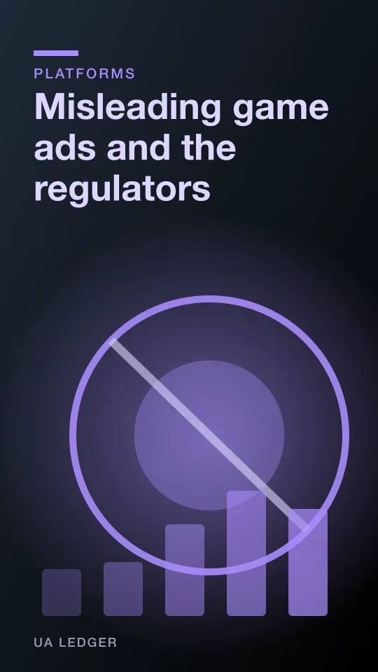 A magnifying glass hovering over a mobile game ad thumbnail on a courtroom-style backdrop
