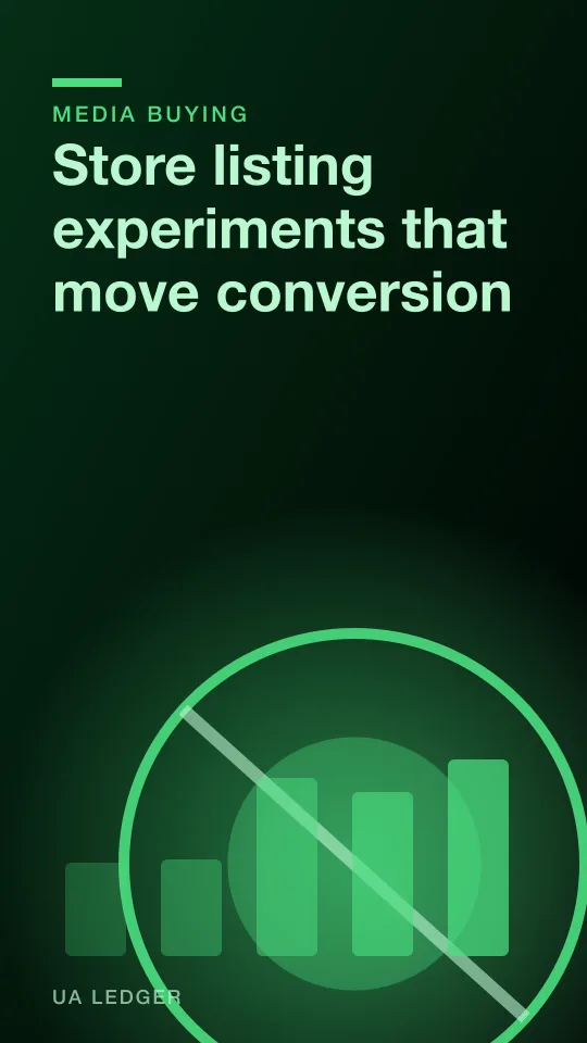 Two app store listing variants side by side with a conversion arrow between them