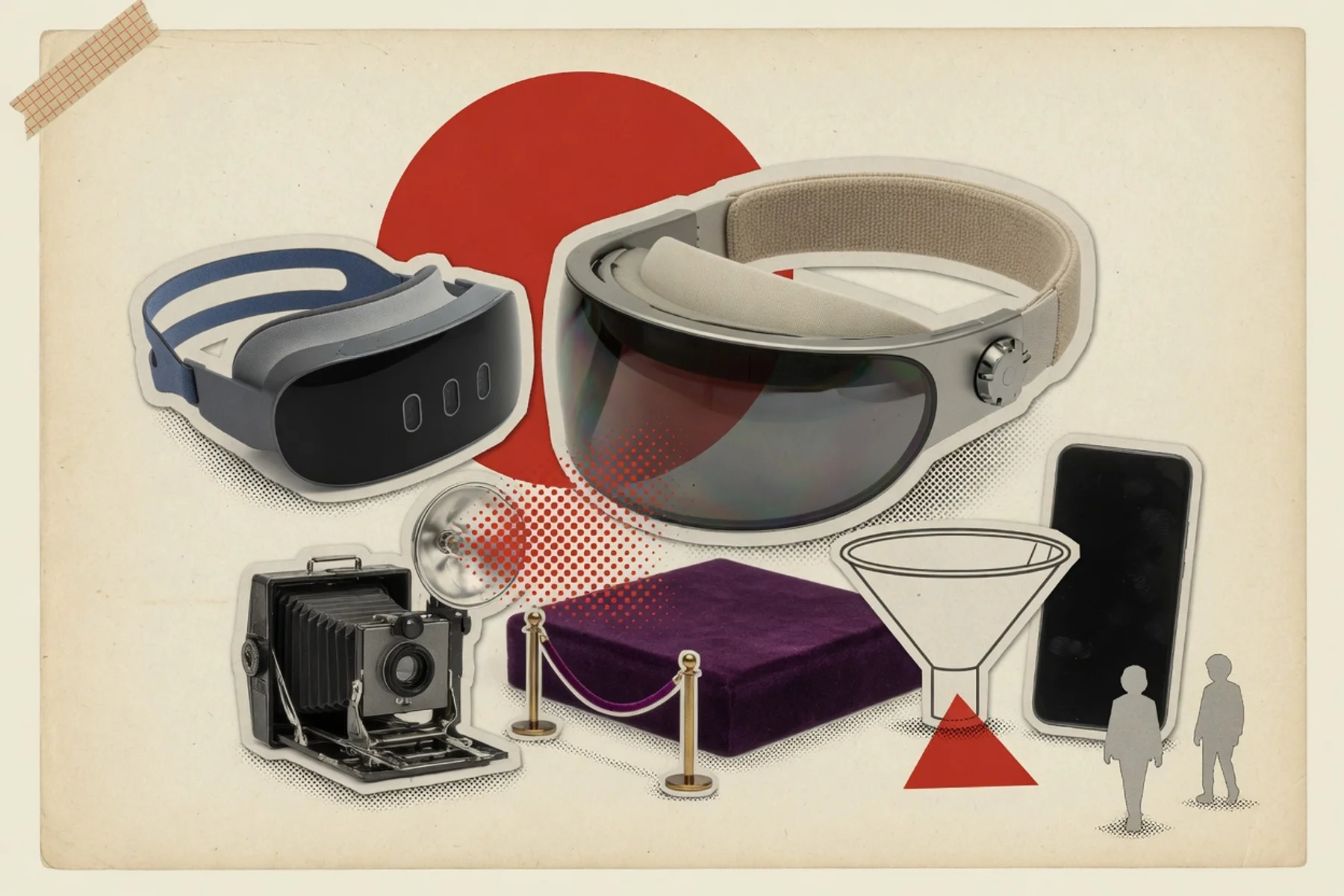 A headset silhouette floating above a tiny sparse constellation of app icons