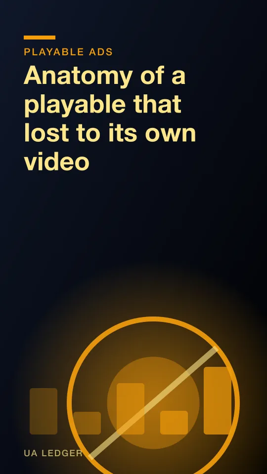 An editorial collage of a phone showing a video ad frame beside a wireframed playable build, with a split scoreboard between them.
