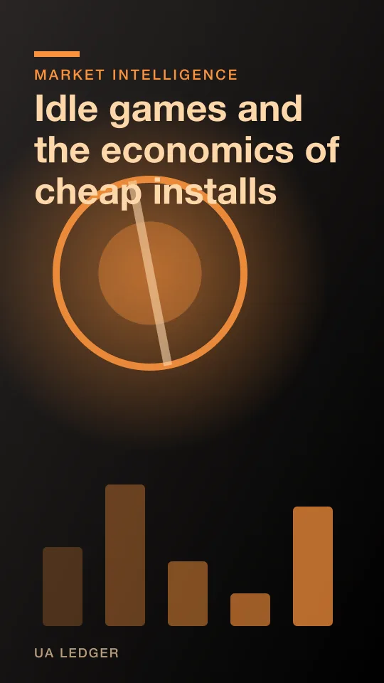 Editorial collage of an idle game progress bar filling itself, stacked coins on one side and a falling eCPM curve on the other.