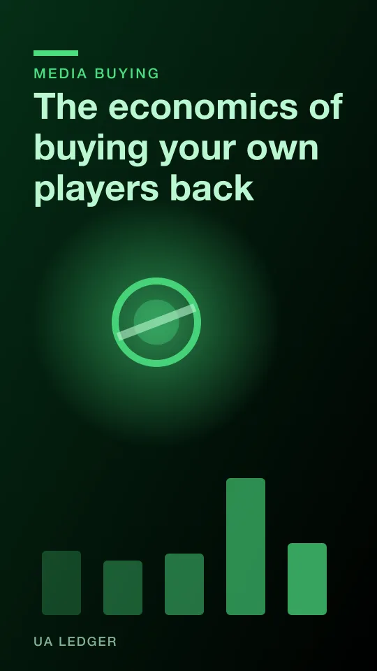 Editorial collage of a revolving door made from ad impressions, with player silhouettes walking back in on both sides, one side lit by a paid banner and the other unlit.