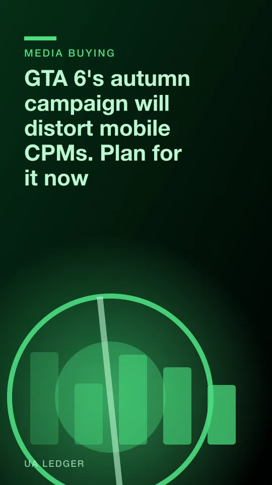 An abstract billboard silhouette looming over a city skyline made of app icons