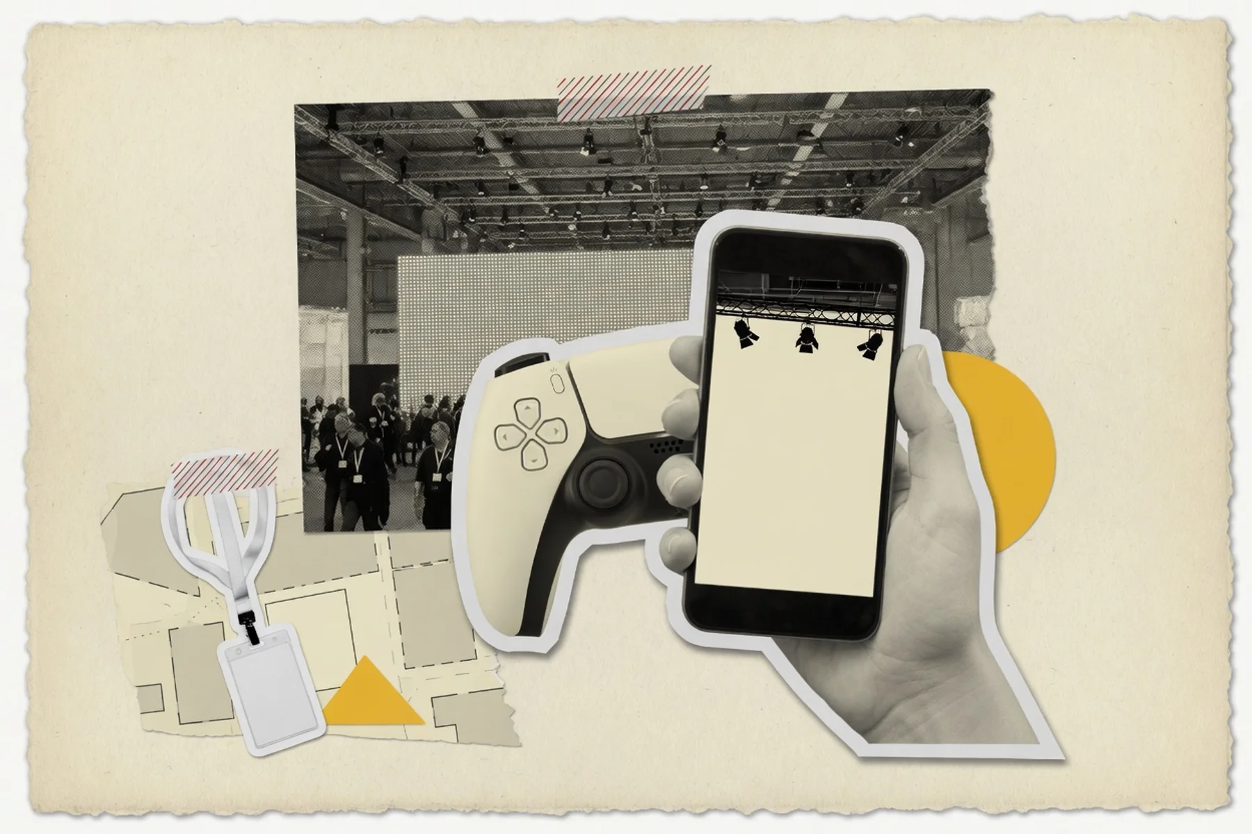 A large convention hall crowd viewed through a smartphone screen, flat editorial style