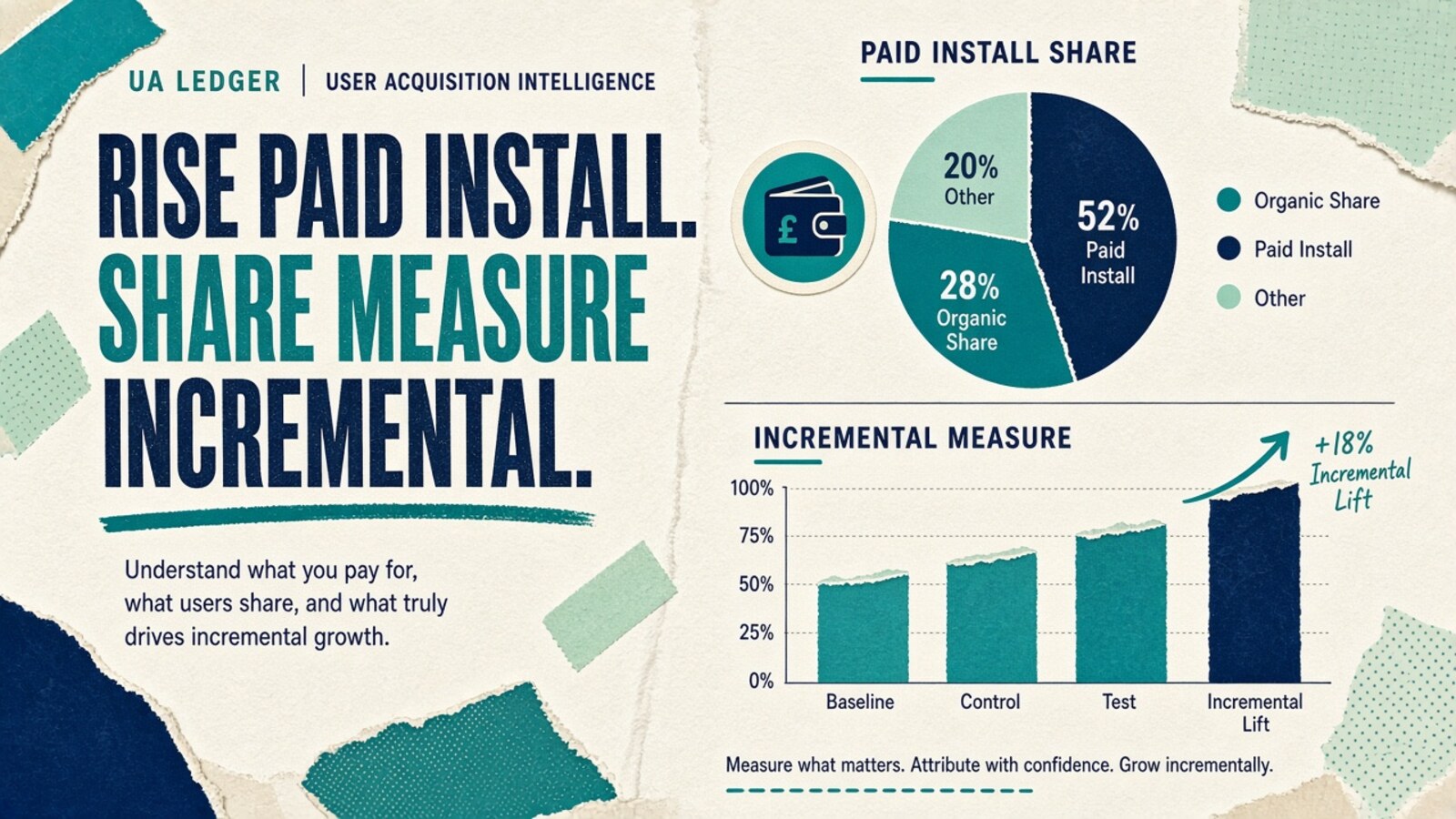 Editorial collage hero (teal-navy): RISE PAID INSTALL. SHARE MEASURE INCREMENTAL