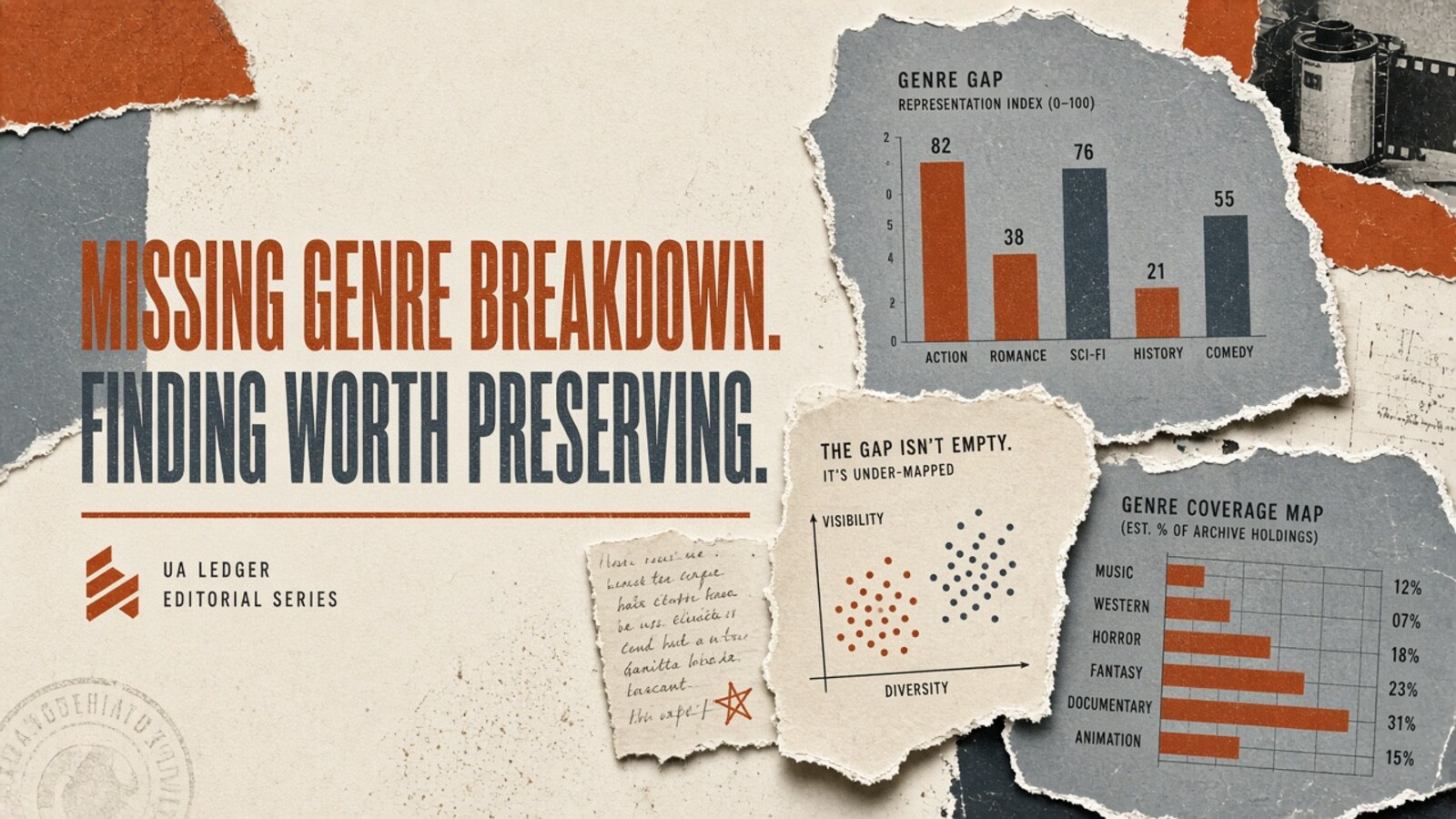 Editorial collage hero (rust-slate): MISSING GENRE BREAKDOWN. FINDING WORTH PRESERVING