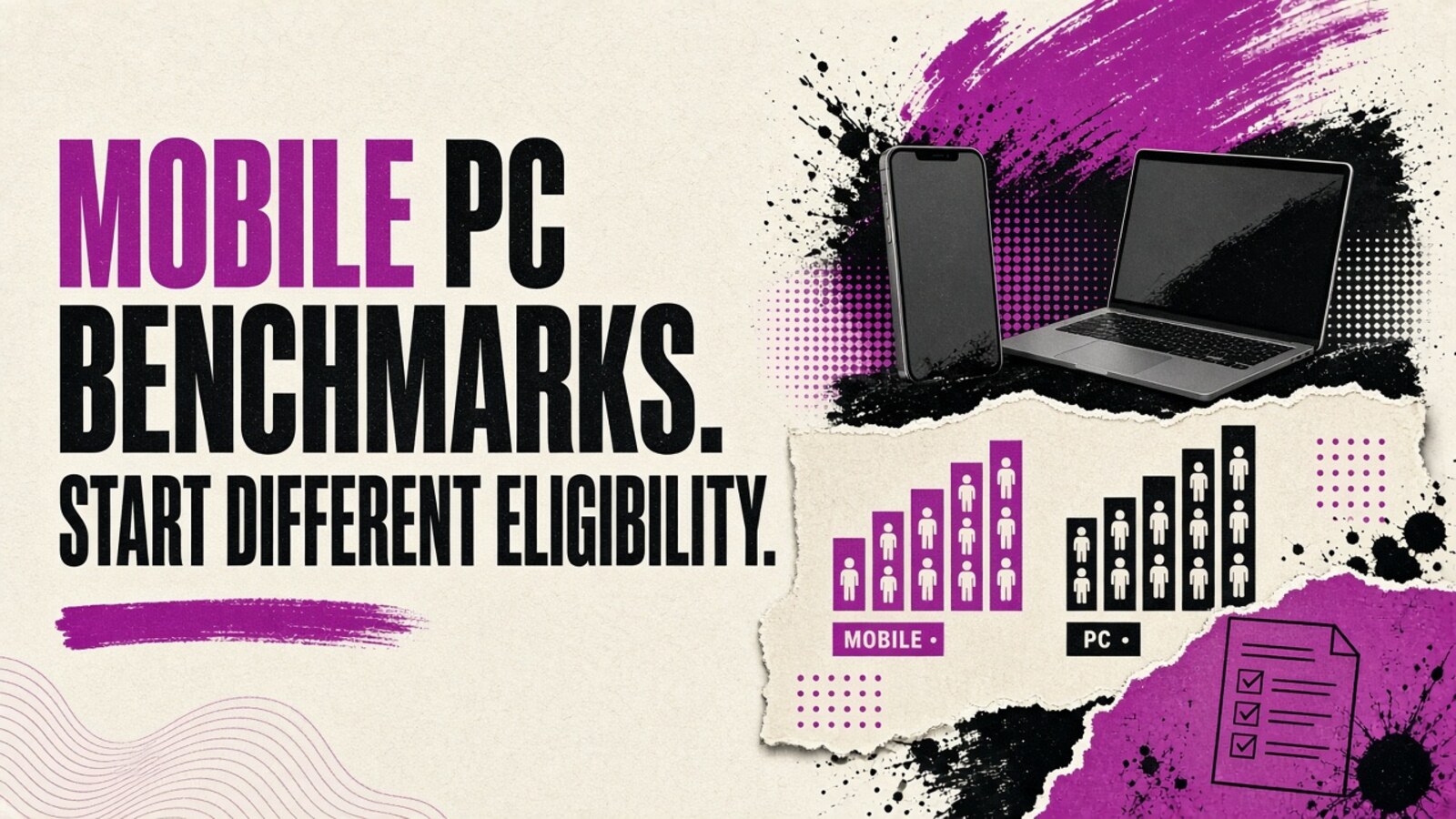 Editorial collage hero (magenta-ink): MOBILE PC BENCHMARKS. START DIFFERENT ELIGIBILITY