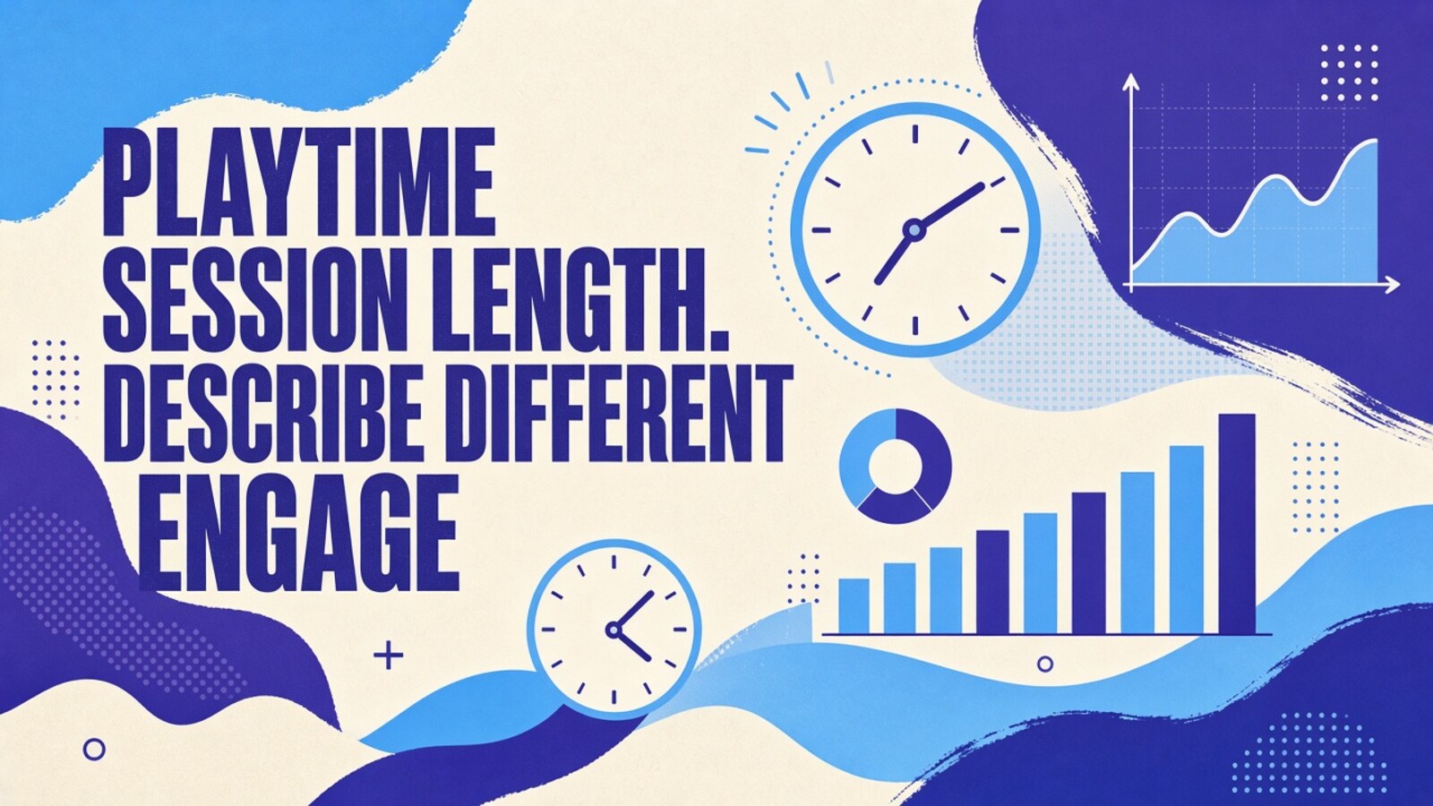 Editorial collage hero (sky-indigo): PLAYTIME SESSION LENGTH. DESCRIBE DIFFERENT ENGAGEMENT