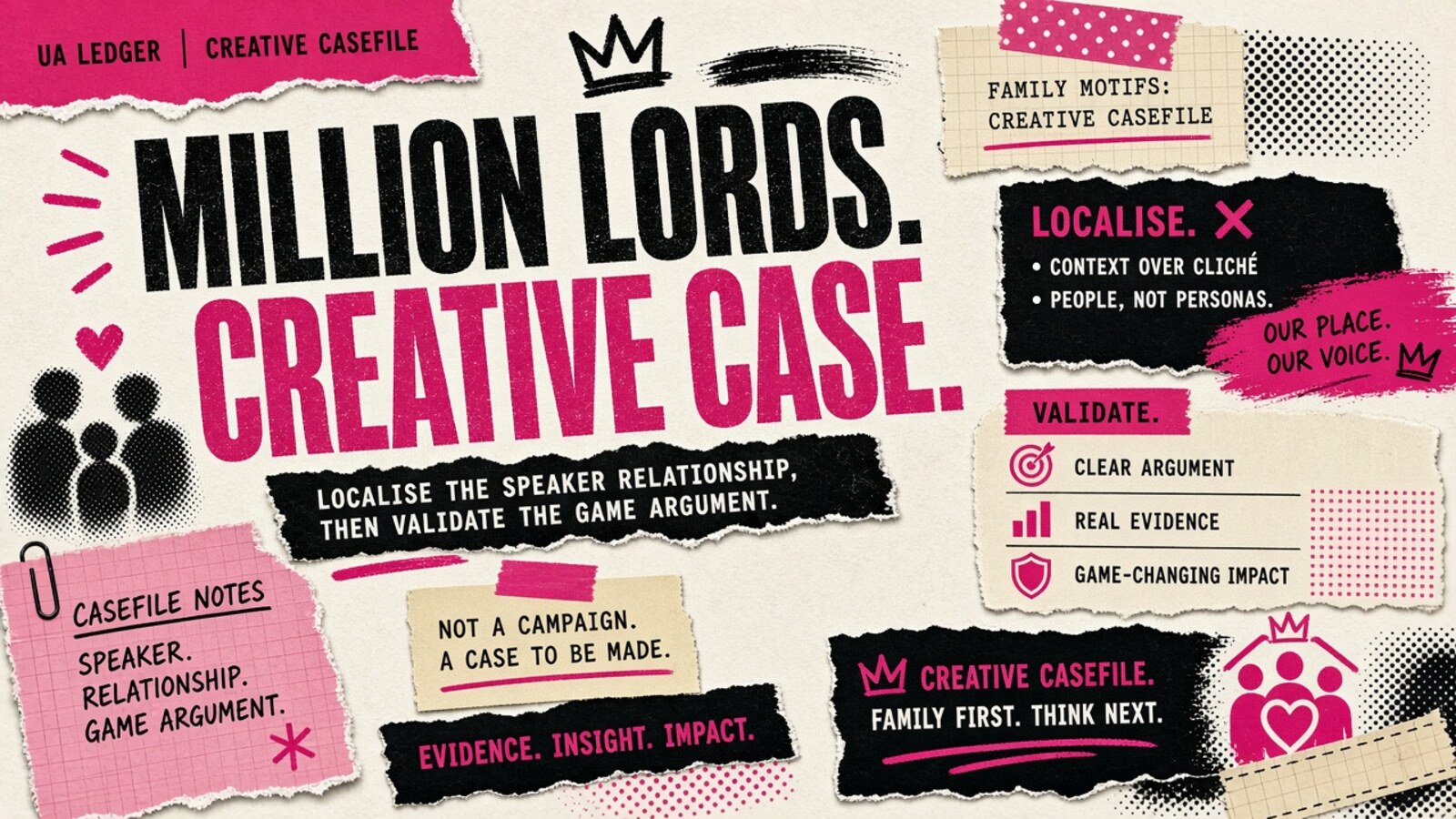 Editorial collage hero (magenta-ink): MILLION LORDS. CREATIVE CASE