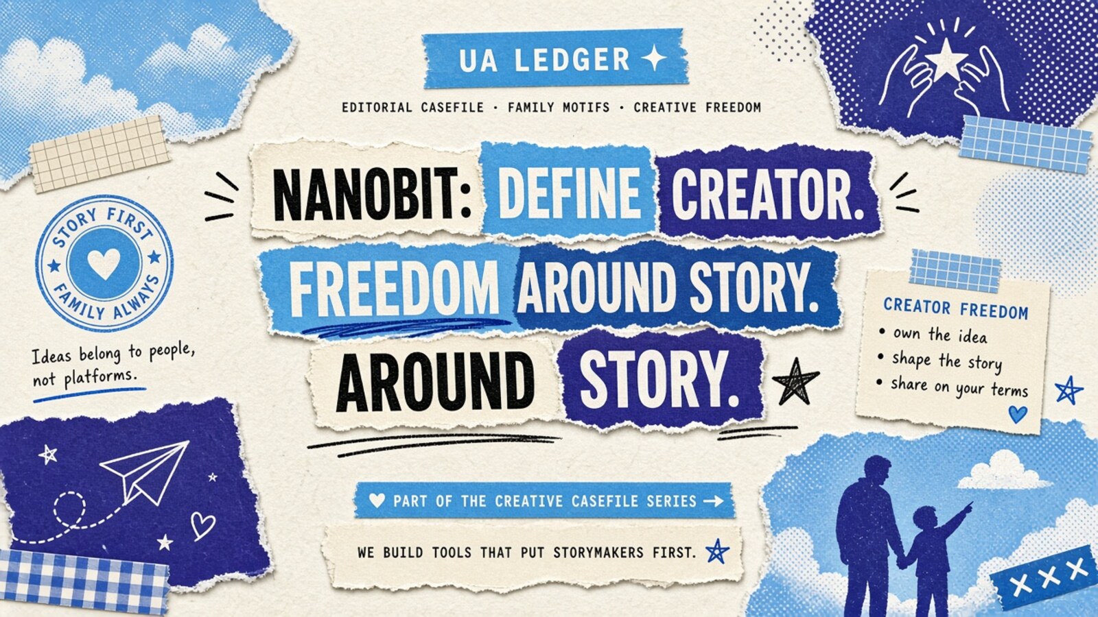 Editorial collage hero (sky-indigo): NANOBIT DEFINE CREATOR. FREEDOM AROUND STORY