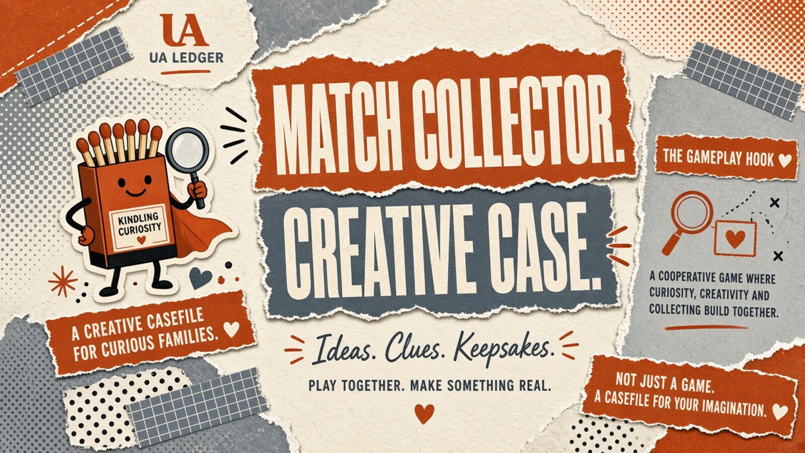 Editorial collage hero (rust-slate): MATCH COLLECTOR. CREATIVE CASE
