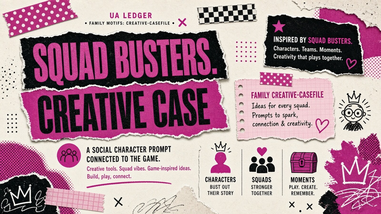 Editorial collage hero (magenta-ink): SQUAD BUSTERS. CREATIVE CASE