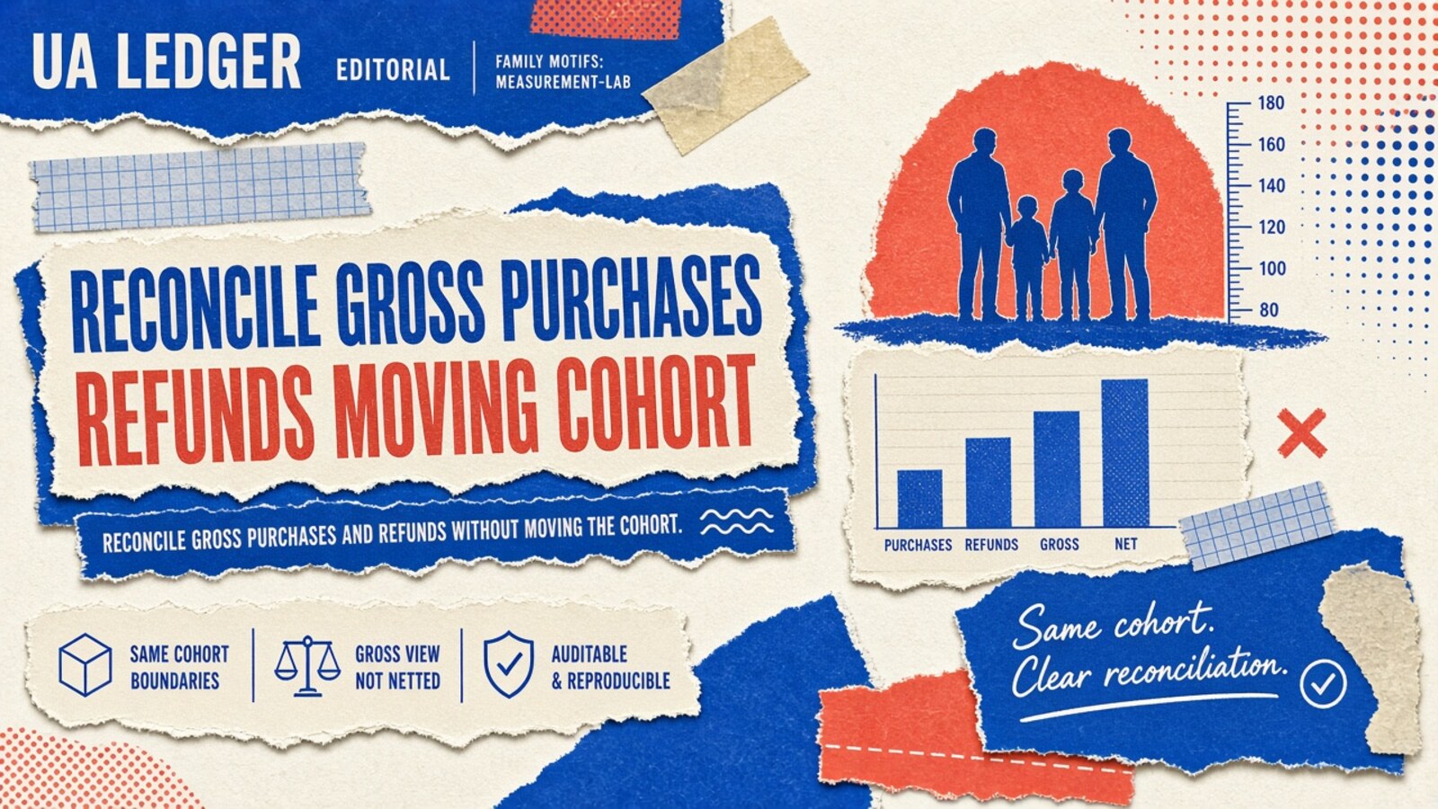 Editorial collage hero: measurement-lab-refund-revenue-bridge