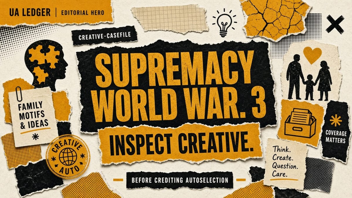 Editorial collage hero (mustard-ink): SUPREMACY WORLD WAR. 3 INSPECT CREATIVE