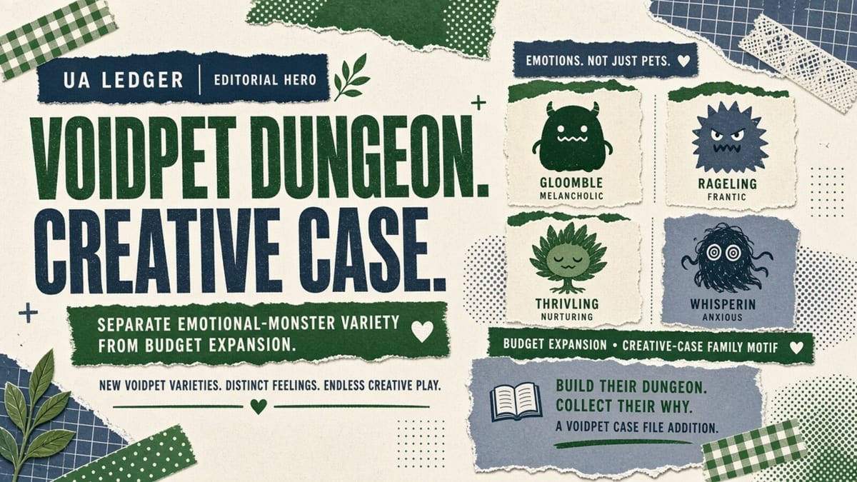 Editorial collage hero (forest-slate): VOIDPET DUNGEON. CREATIVE CASE